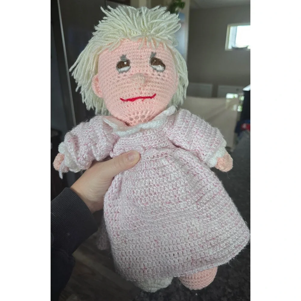 Vintage Handmade Crochet Doll Blonde Hair Pink Dress Amigurumi Soft Toy‎ Plush
